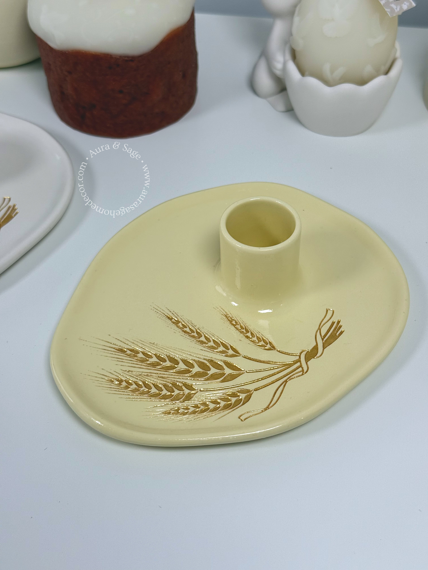 Golden Wheat Candle Holder | Jesmonite Taper Holder | Easter Decor | Spring Table Decor | Minimalist Home Accent