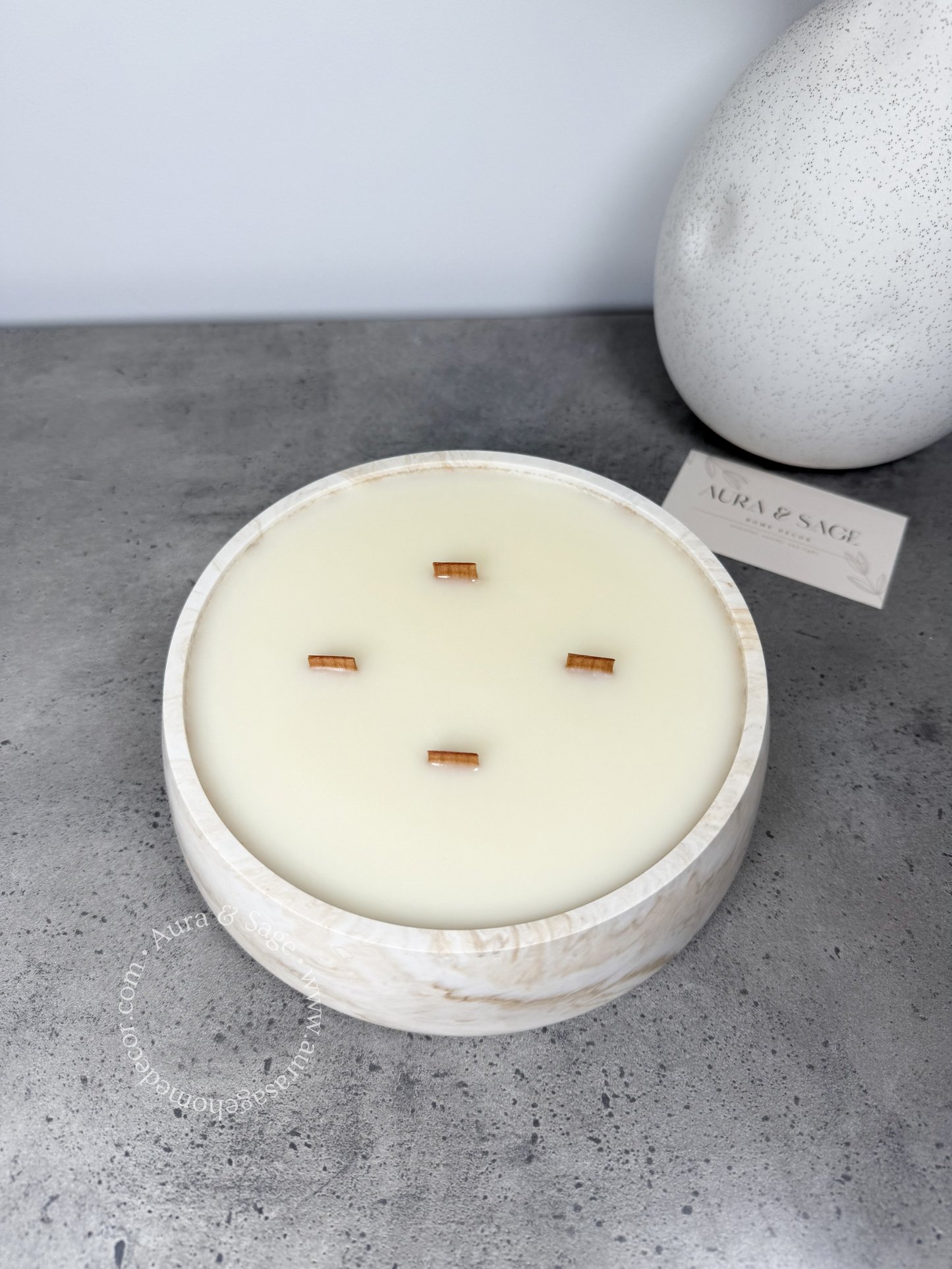Lumo | Luxe 4-Wick Wooden Candle | Coconut-Apricot Wax Candle | Luxury Jesmonite Bowl Candle | Aesthetic Home Decor