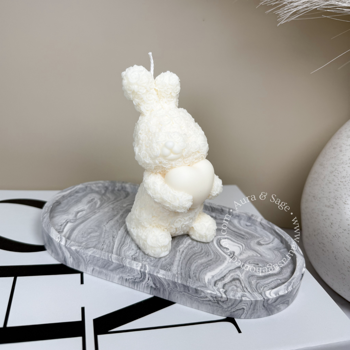 Rose Bunny With Heart Pillar Soy Candle
