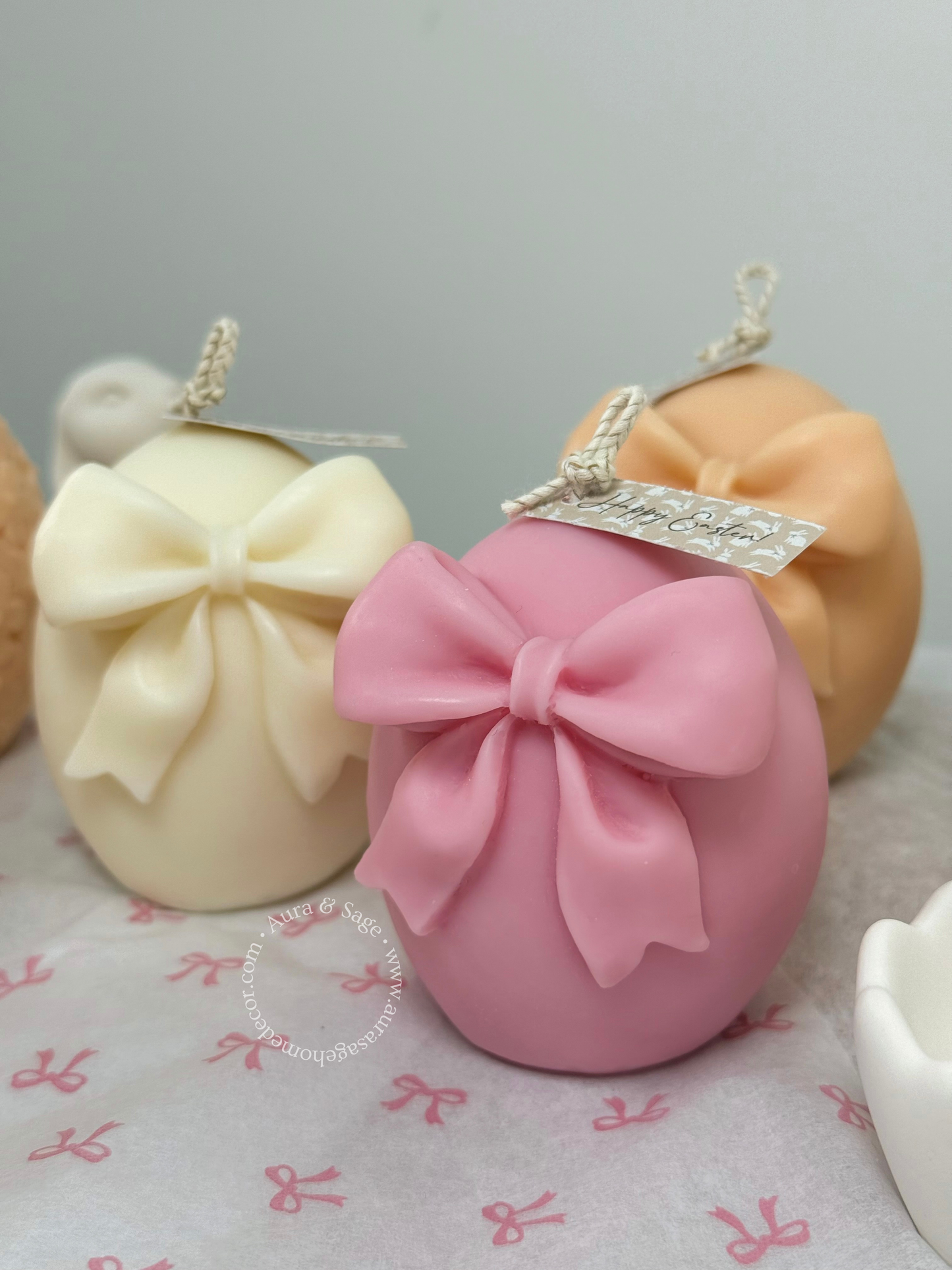 Blush Ribbon Egg Soy Candle | Sculptural Easter Candle | Romantic Spring Decor | Minimalist Pillar Candle