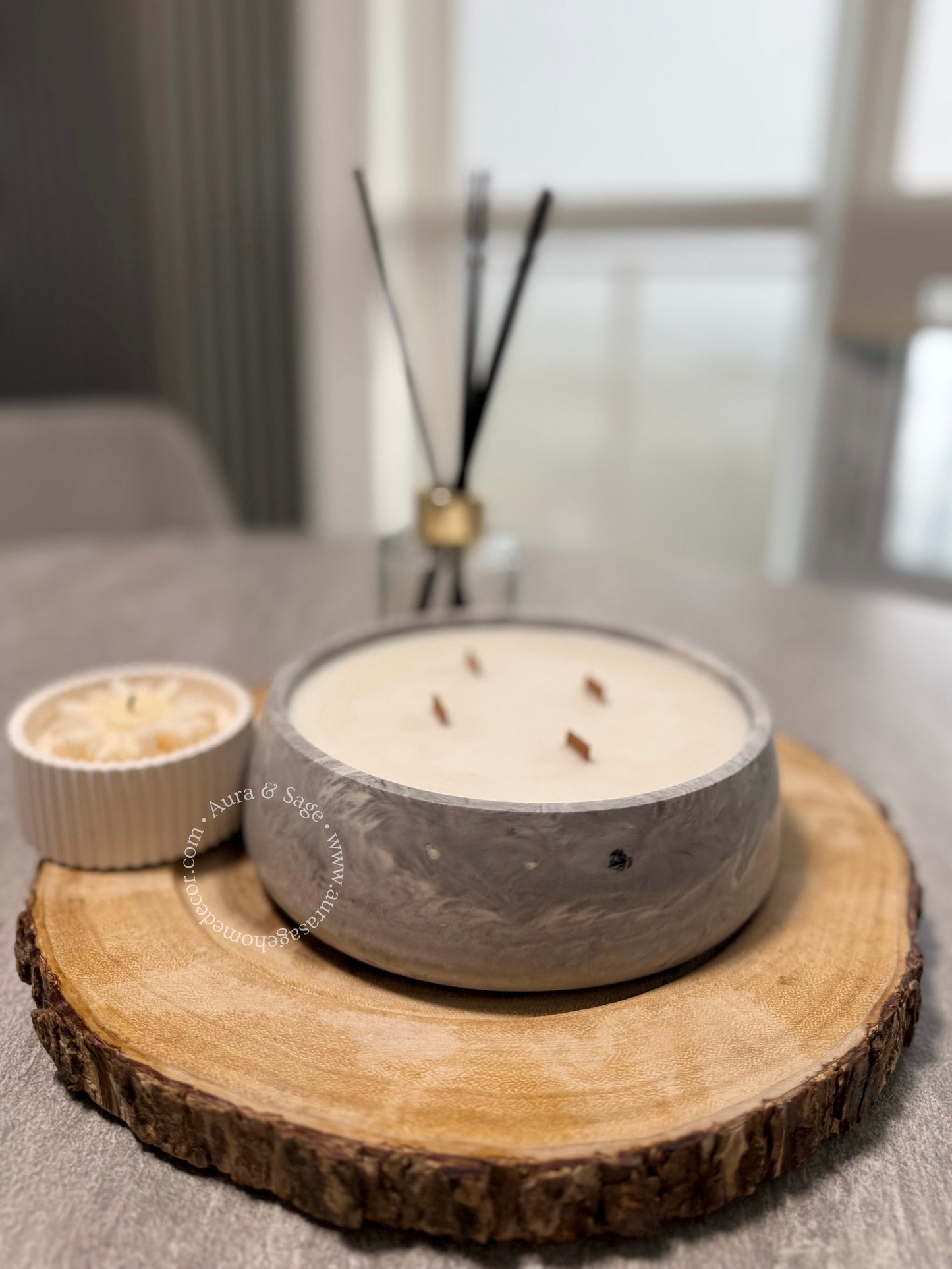 Lumo | Luxe 4-Wick Wooden Candle | Coconut-Apricot Wax Candle | Luxury Jesmonite Bowl Candle | Aesthetic Home Decor