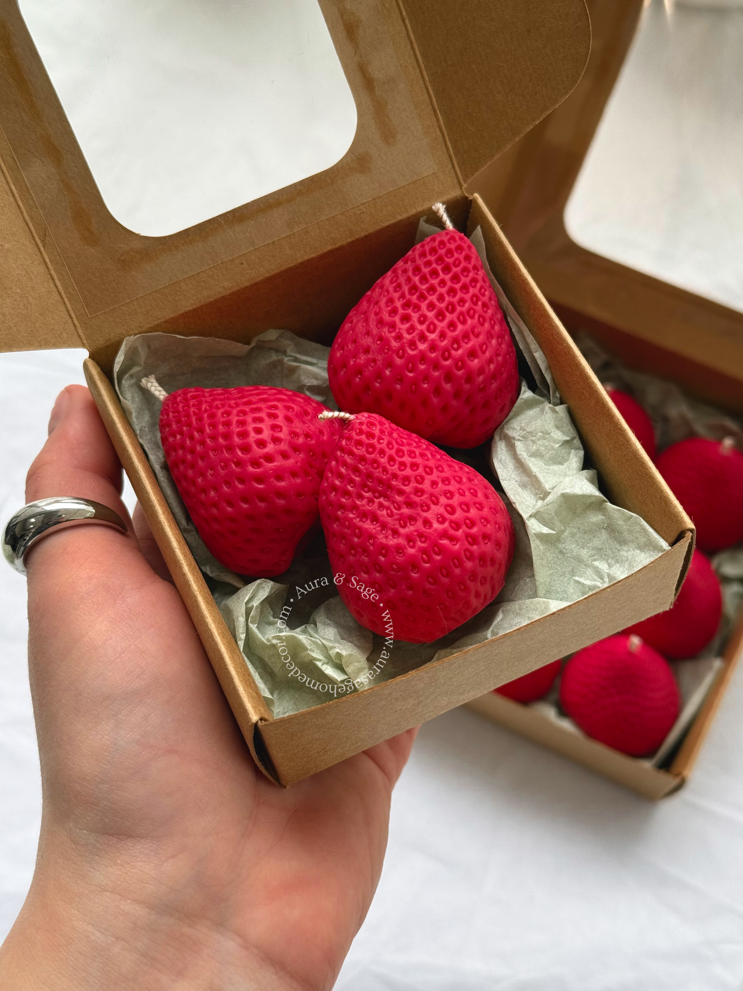 Realistic Strawberry Shaped Candles Set | Beeswax-Soy Wax | Bento Cake Decor | Gift Box Set