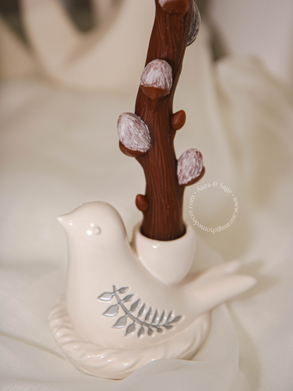 Pussy Willow Beeswax Taper Candle & Serenity Bird Holder Set | Spring Decor | Easter Table Decor | Minimalist Gift Set