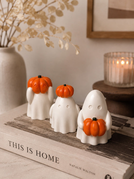 Set of 3 Pumpkin Ghosts – Handmade Jesmonite Decor
