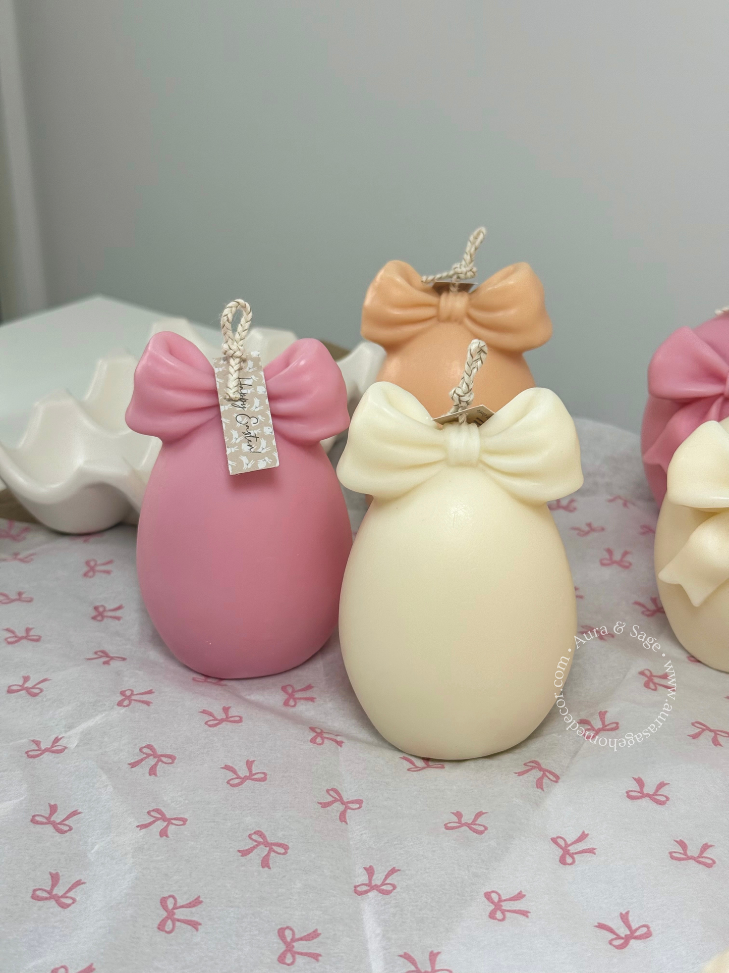 Velvet Bow Egg Soy Candle | Sculptural Easter Candle | Romantic Spring Decor | Minimalist Pillar Candle
