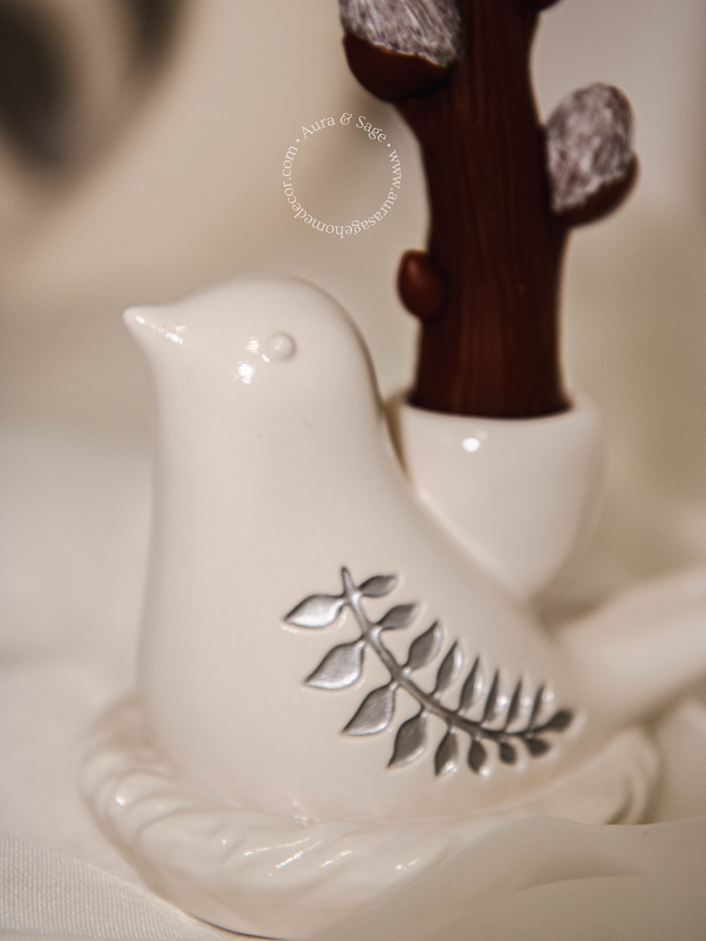 Pussy Willow Beeswax Taper Candle & Serenity Bird Holder Set | Spring Decor | Easter Table Decor | Minimalist Gift Set