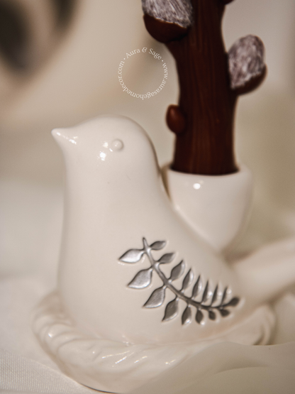 Pussy Willow Beeswax Taper Candle & Serenity Bird Holder Set | Spring Decor | Easter Table Decor | Minimalist Gift Set