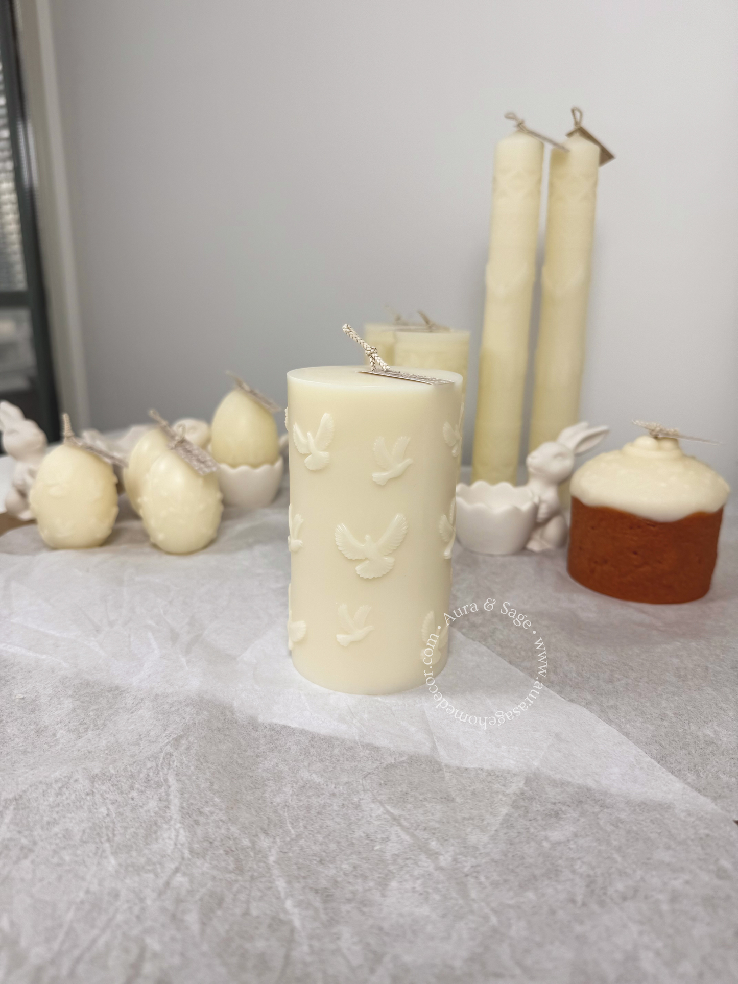 Embossed Birds Column Pillar Candle | Beeswax Soy Candle | Nature-Inspired Decor | Sculptural Candle | Minimalist Home Decor