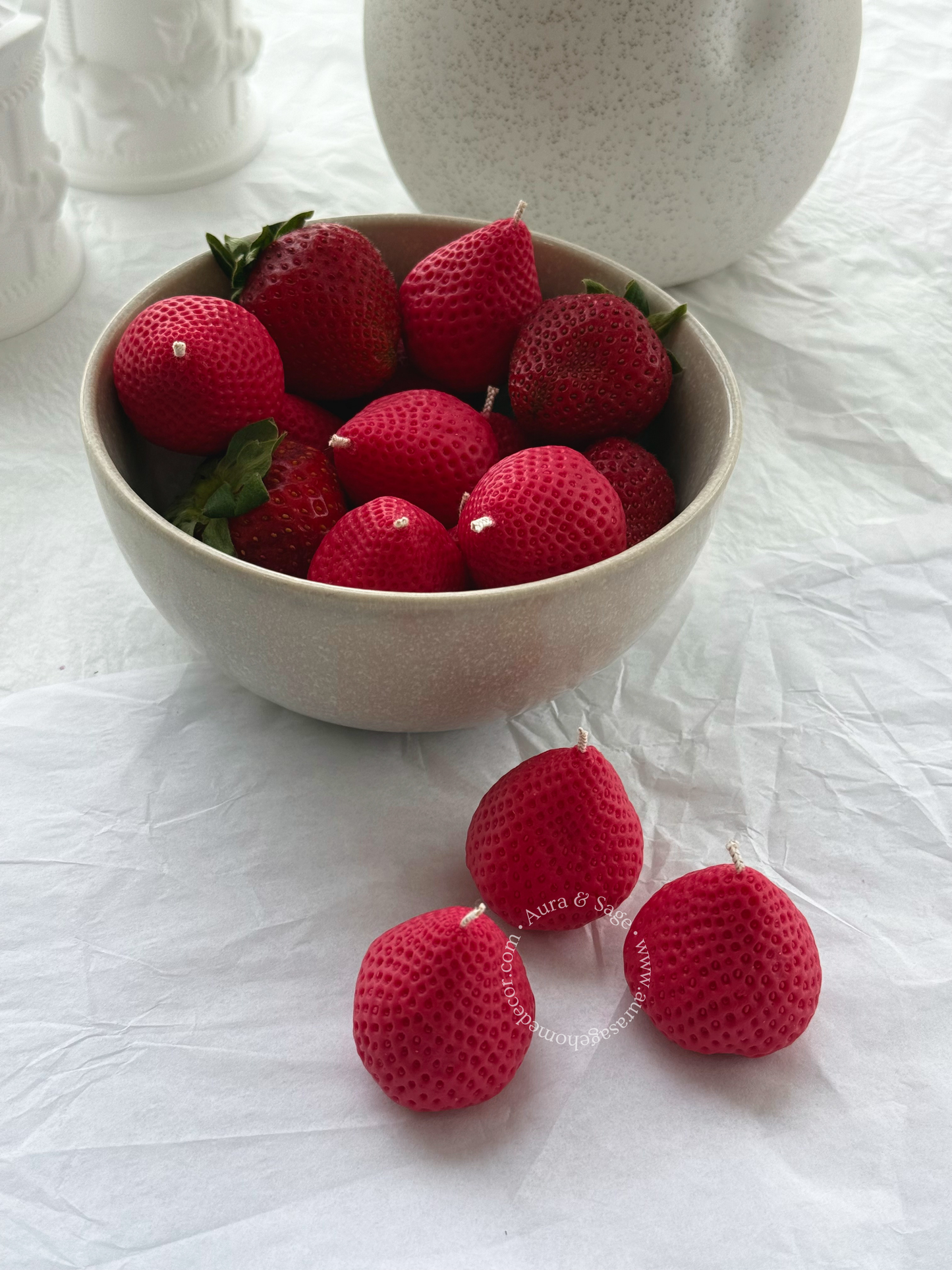 Realistic Strawberry Shaped Candles Set | Beeswax-Soy Wax | Bento Cake Decor | Gift Box Set