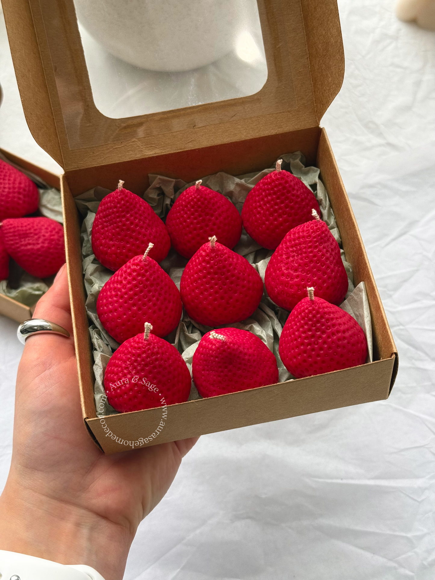 Realistic Strawberry Shaped Candles Set | Beeswax-Soy Wax | Bento Cake Decor | Gift Box Set