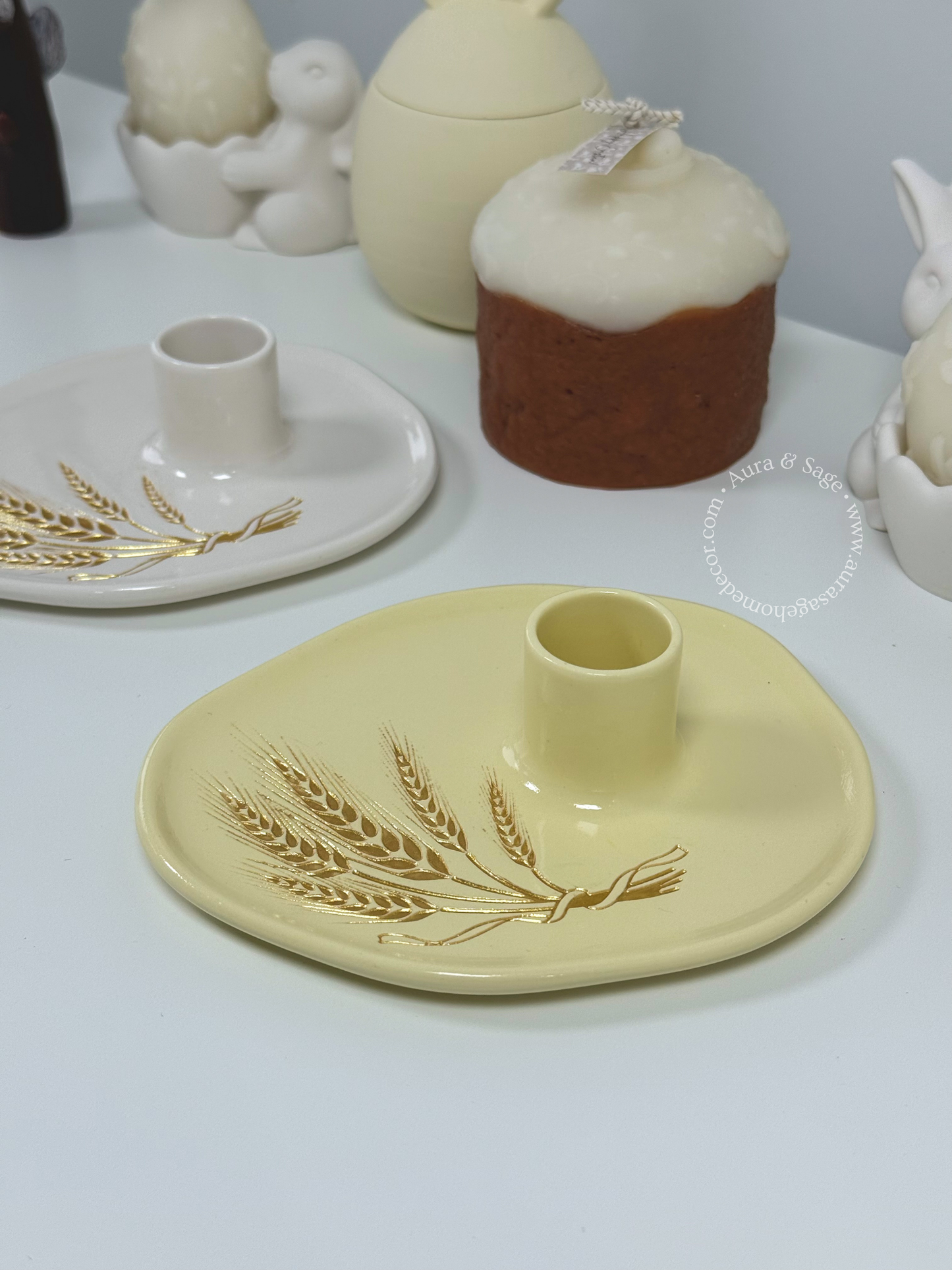 Golden Wheat Candle Holder | Jesmonite Taper Holder | Easter Decor | Spring Table Decor | Minimalist Home Accent