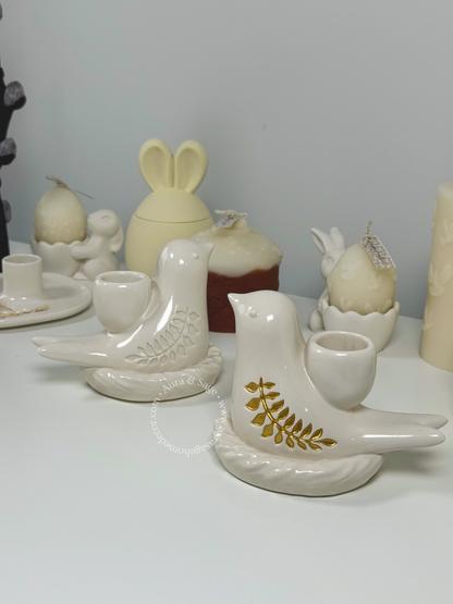Pussy Willow Beeswax Taper Candle & Serenity Bird Holder Set | Spring Decor | Easter Table Decor | Minimalist Gift Set