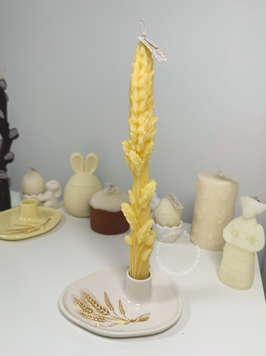 Golden Wheat Beeswax Taper Candle & Holder Set | Spring Decor | Easter Table Decor | Minimalist Candle Holder Set