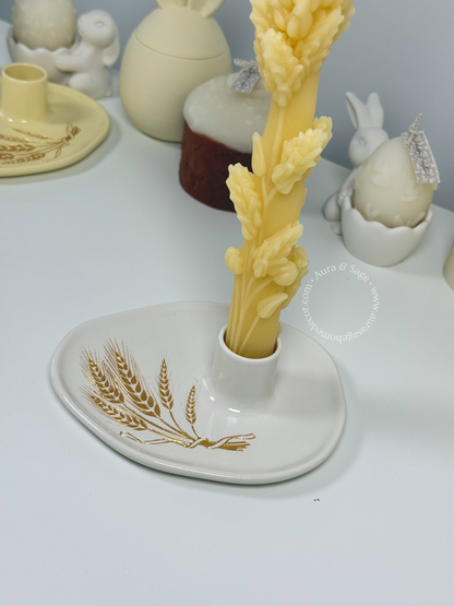 Golden Wheat Beeswax Taper Candle & Holder Set | Spring Decor | Easter Table Decor | Minimalist Candle Holder Set