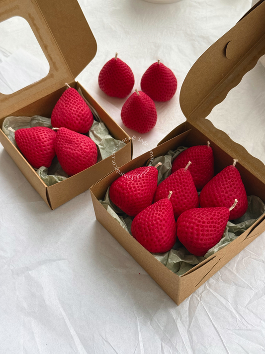 Realistic Strawberry Shaped Candles Set | Beeswax-Soy Wax | Bento Cake Decor | Gift Box Set