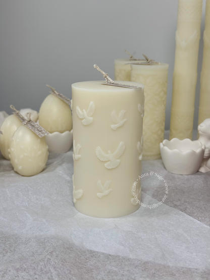 Embossed Birds Column Pillar Candle | Beeswax Soy Candle | Nature-Inspired Decor | Sculptural Candle | Minimalist Home Decor