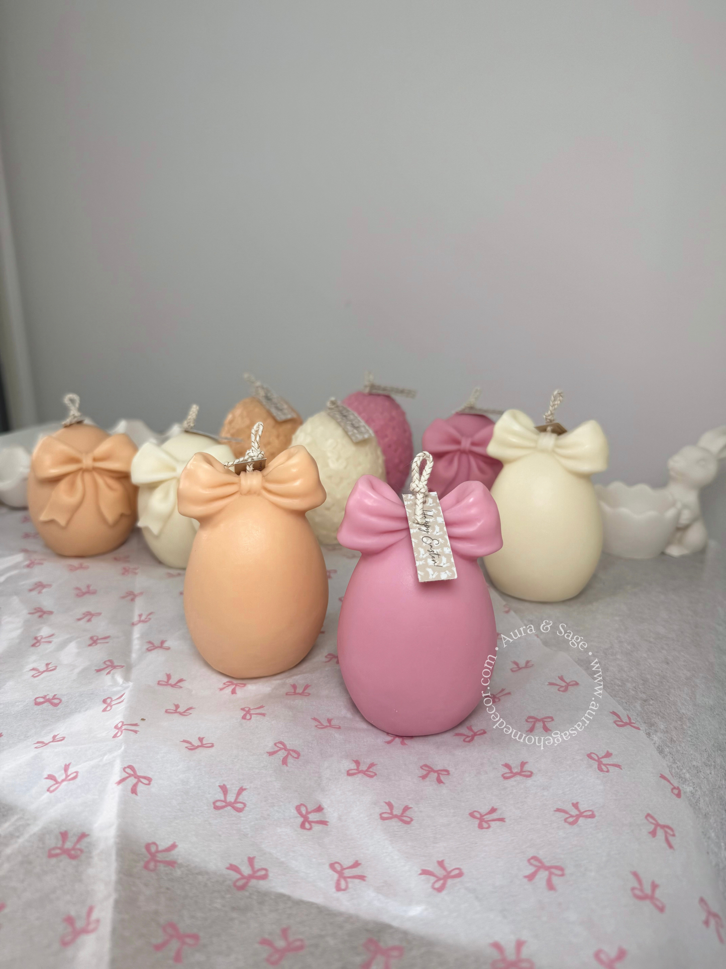 Velvet Bow Egg Soy Candle | Sculptural Easter Candle | Romantic Spring Decor | Minimalist Pillar Candle