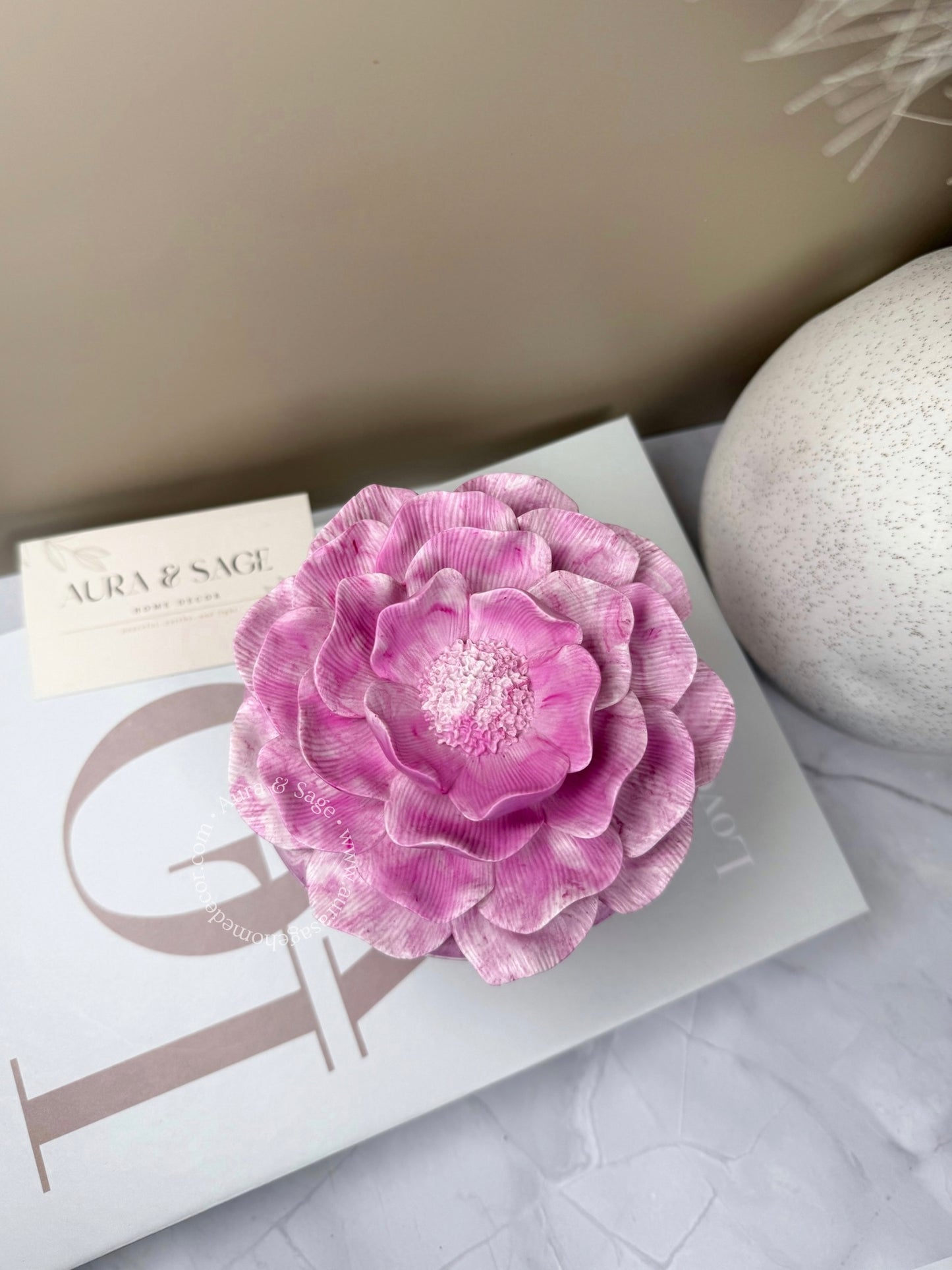 Pink flower shaped container lid.