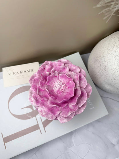 Pink flower shaped container lid.