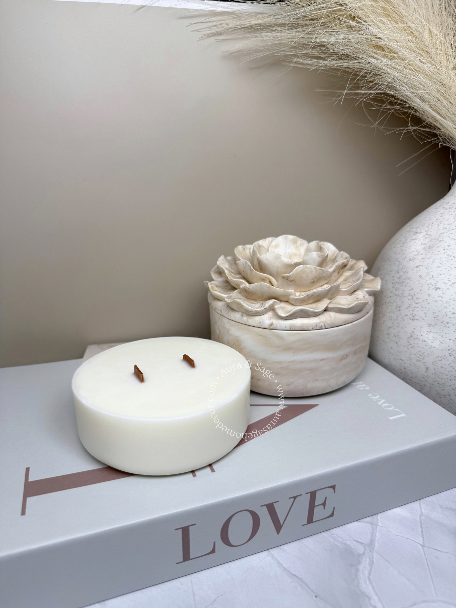 Coconut-soy wax candle refill for camellia flower shaped container.