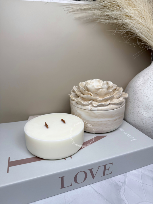 Coconut-soy wax candle refill for camellia flower shaped container.