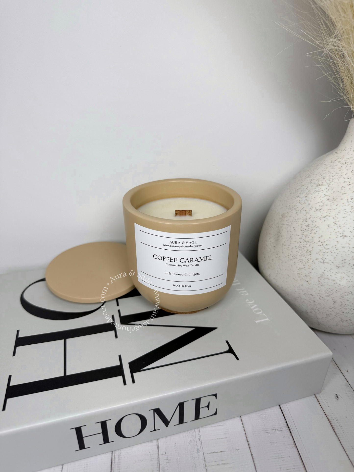 Scented candle in Jesmonite jar with lid.