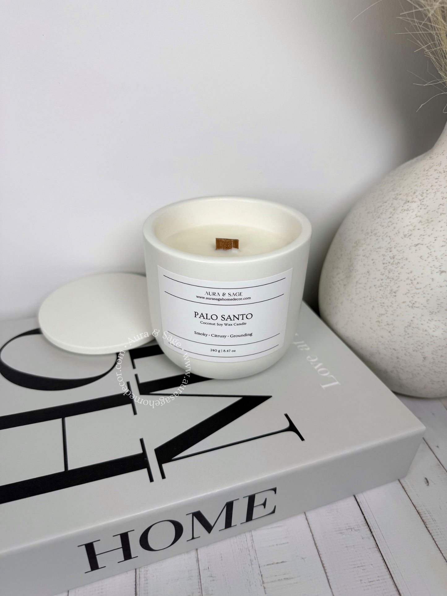 Scented candle in Jesmonite jar with lid.