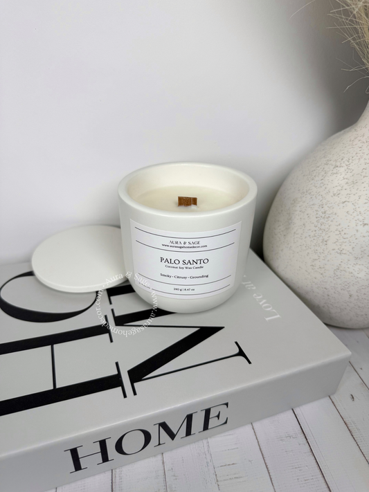 Scented candle in Jesmonite jar with lid.