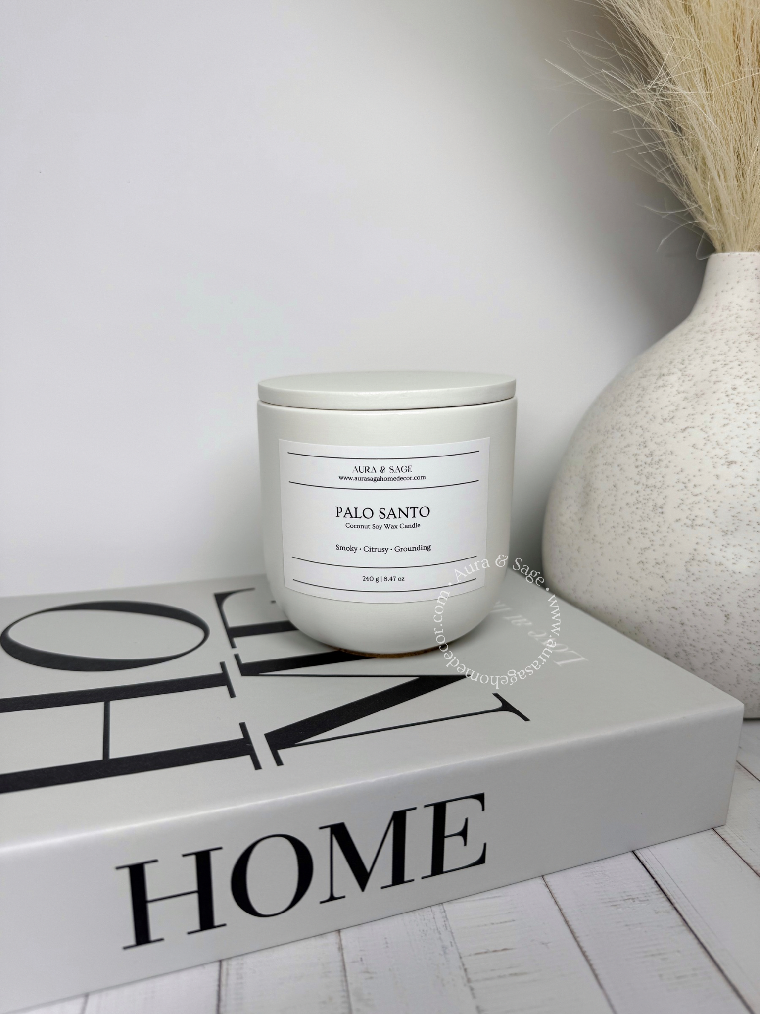 Scented candle in Jesmonite jar with lid.