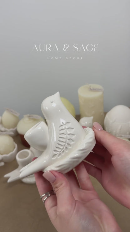 Pussy Willow Beeswax Taper Candle & Serenity Bird Holder Set | Spring Decor | Easter Table Decor | Minimalist Gift Set