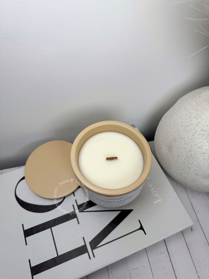 Scented candle in Jesmonite jar with lid.