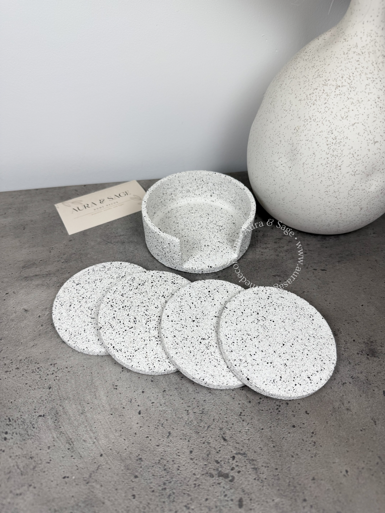 Silver grey granite coasters with holder.