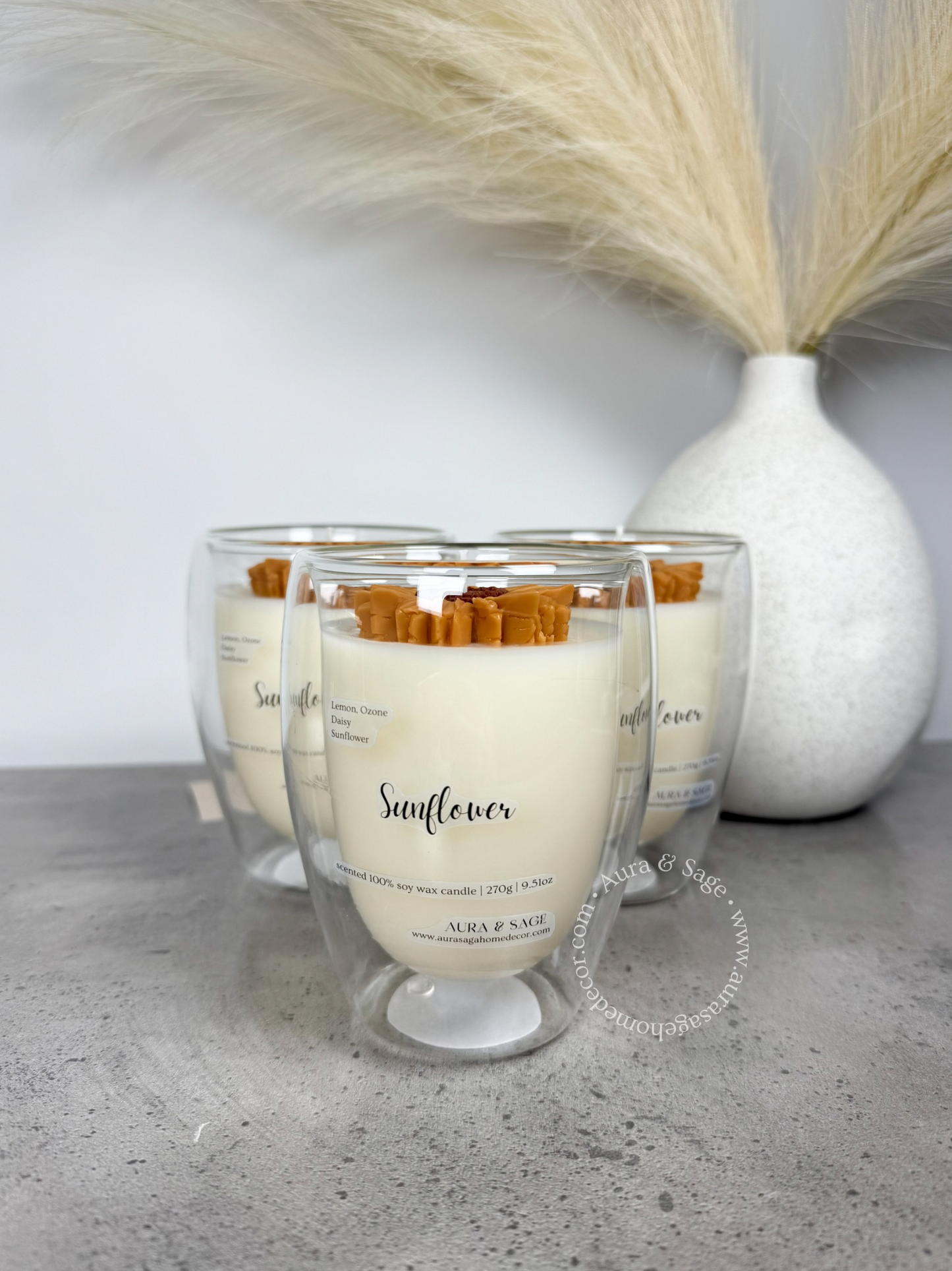 Sunflower candle in double wall glass container