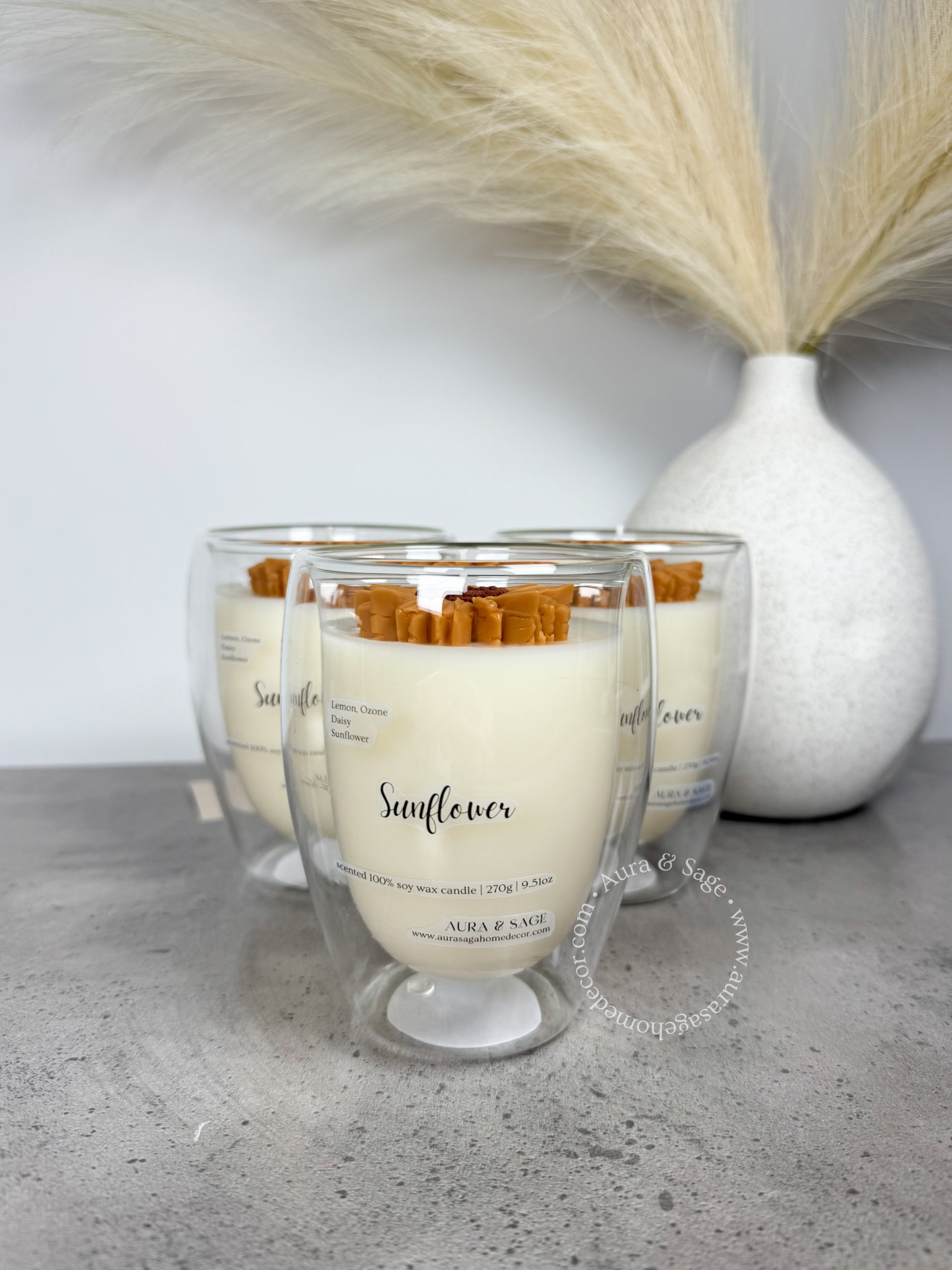 Sunflower candle in double wall glass container