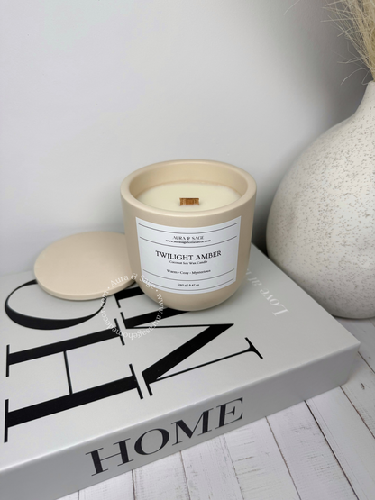 Scented candle in Jesmonite jar with lid.