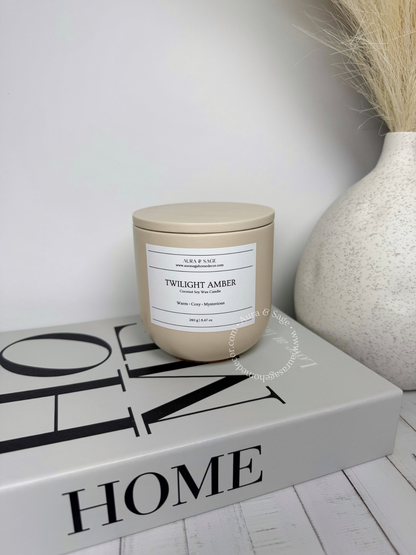 Scented candle in Jesmonite jar with lid.